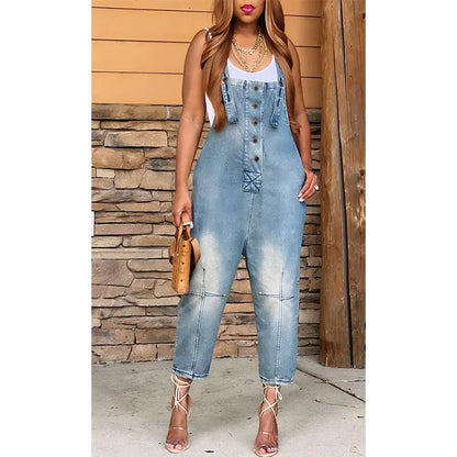 Women's Denim One Piece Jumpsuit - Sleeveless Straight Leg Overalls Romper for Casual & Office Wear