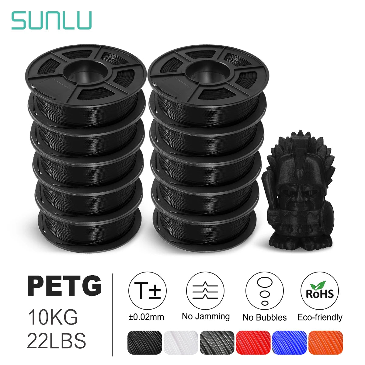 SUNLU PLA/PETG/PLA+ 3D Printer Filament Bundle – 10 Rolls 1KG Each, 1.75mm Neatly Wound Filament for 3D Printing (EU/US)