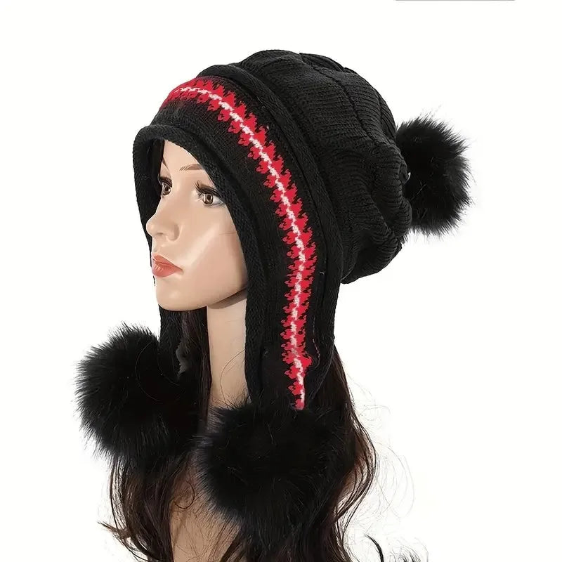 Cozy Knit Fleece Beanie with Ear Flaps & Pompom — Warm Winter Hat for Women, Ideal for Skiing & Outdoors
