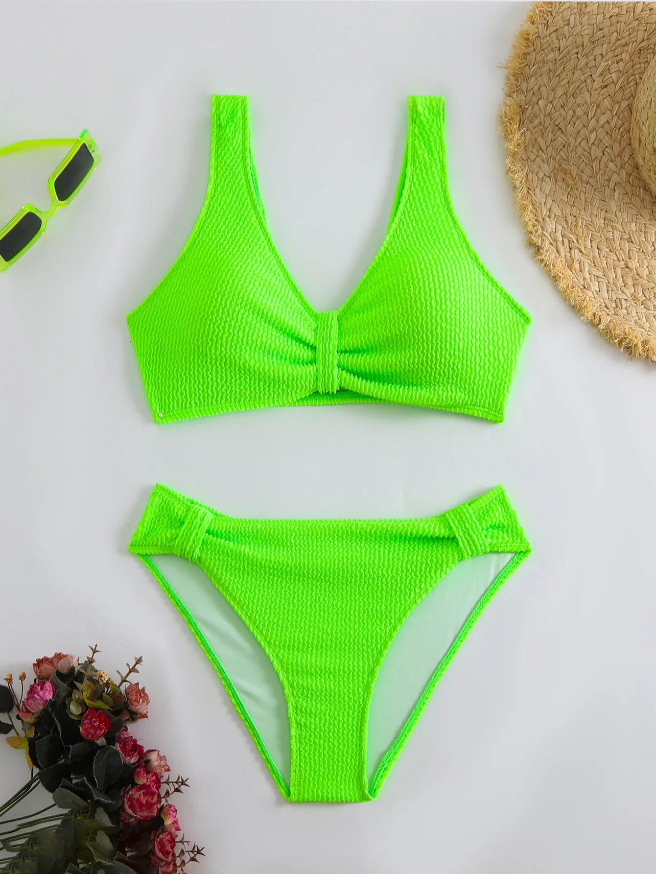 2025 Summer Women's Two-Piece Swimsuit – Solid High Waist V-Neck Backless Bikini Set Beachwear