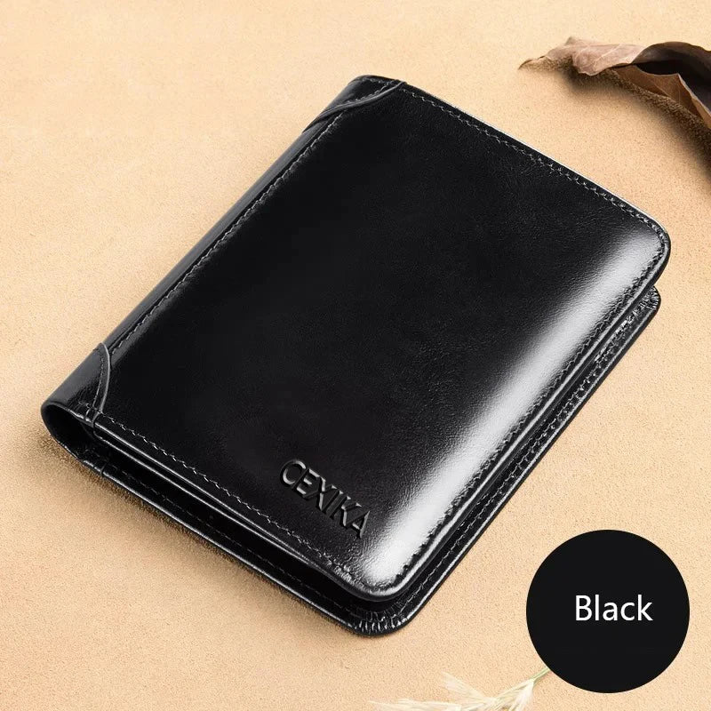 Men’s Genuine Leather RFID Blocking Trifold Wallet – Business Short Wallet with ID Window & Credit Card Holder Slim Men’s Purse Wallet