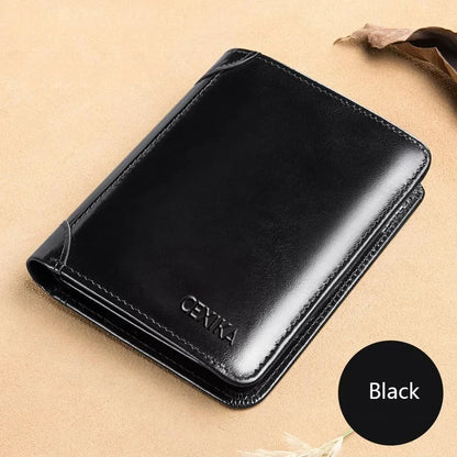 Men’s Genuine Leather RFID Blocking Trifold Wallet – Business Short Wallet with ID Window & Credit Card Holder Slim Men’s Purse Wallet