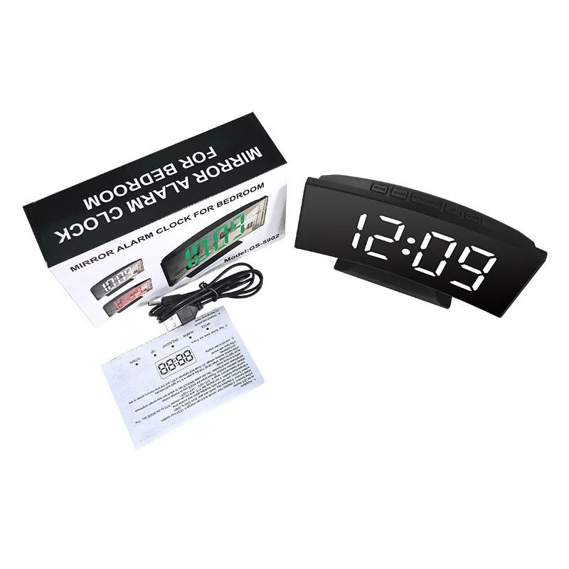 Noiseless LED Mirror Alarm Clock — Large Digital Display Silent Electronic Clock