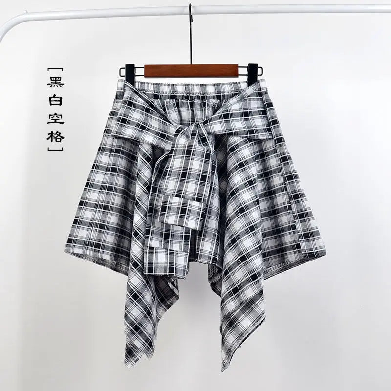 Summer Casual Retro Women’s Mini A-Line Skirt – Blue White Lattice Bow-Knot Elastic Waist Short Skirt