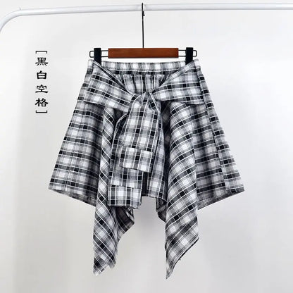 Summer Casual Retro Women’s Mini A-Line Skirt – Blue White Lattice Bow-Knot Elastic Waist Short Skirt