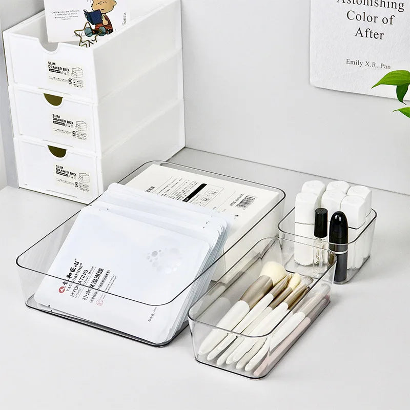4PCS Clear Plastic Desk & Drawer Organizers – Makeup Storage Boxes for Office & Bathroom