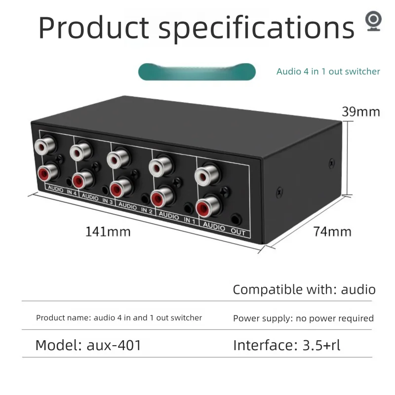 4-in-1 RCA AUX Audio Switcher - Passive Stereo Input Selector Box with 3.5mm & L/R RCA Output