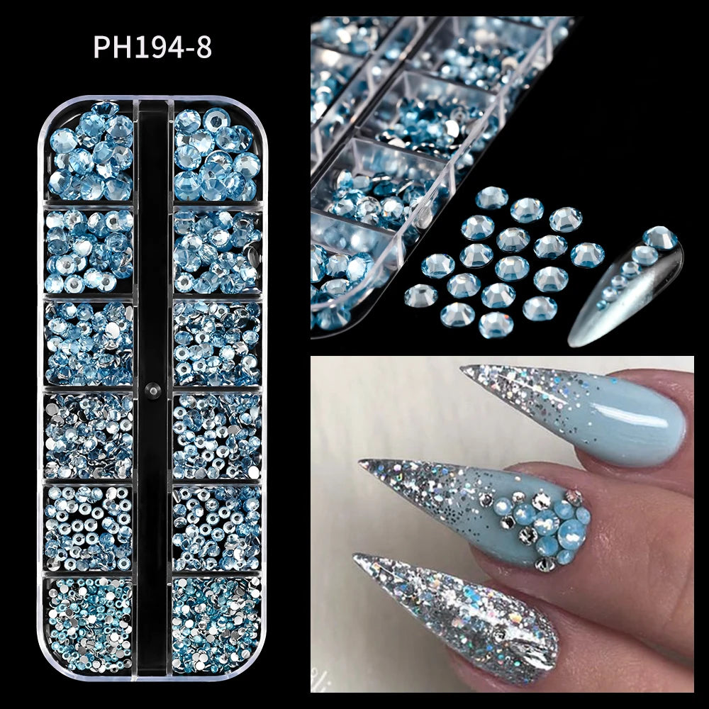 12-Grid Mixed Nail Rhinestones SS6-SS30 – Shiny Flat-Back Gems in Clear, Gold, Pink & Blue for Nail Art Decoration