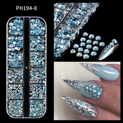 12-Grid Mixed Nail Rhinestones SS6-SS30 – Shiny Flat-Back Gems in Clear, Gold, Pink & Blue for Nail Art Decoration