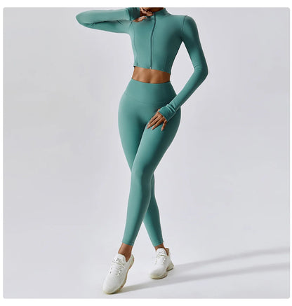 3PCS Women’s Yoga & Workout Set – Long Sleeve Zipper Top with High Waist Leggings Fitness Sportswear