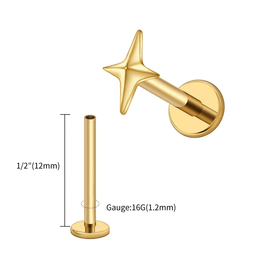Right Grand ASTM F136 Titanium 16G Four-Pointed Star Cartilage Stud Earring – Helix, Tragus, Flatback Labret & Nose Piercing Jewelry