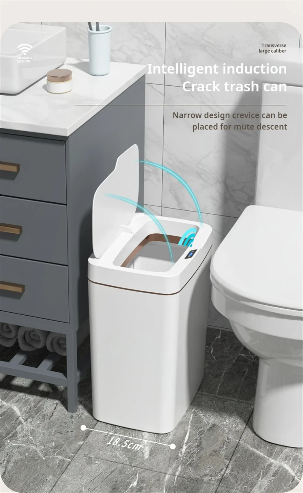 15L Smart Automatic Bathroom Trash Can — Touchless Electronic Sensor Bin with Self-Bagging, White Narrow Garbage Bin for Smart Home
