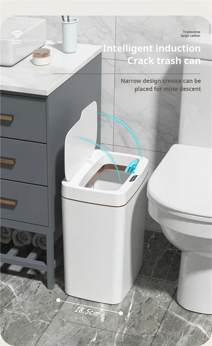 15L Smart Automatic Bathroom Trash Can — Touchless Electronic Sensor Bin with Self-Bagging, White Narrow Garbage Bin for Smart Home