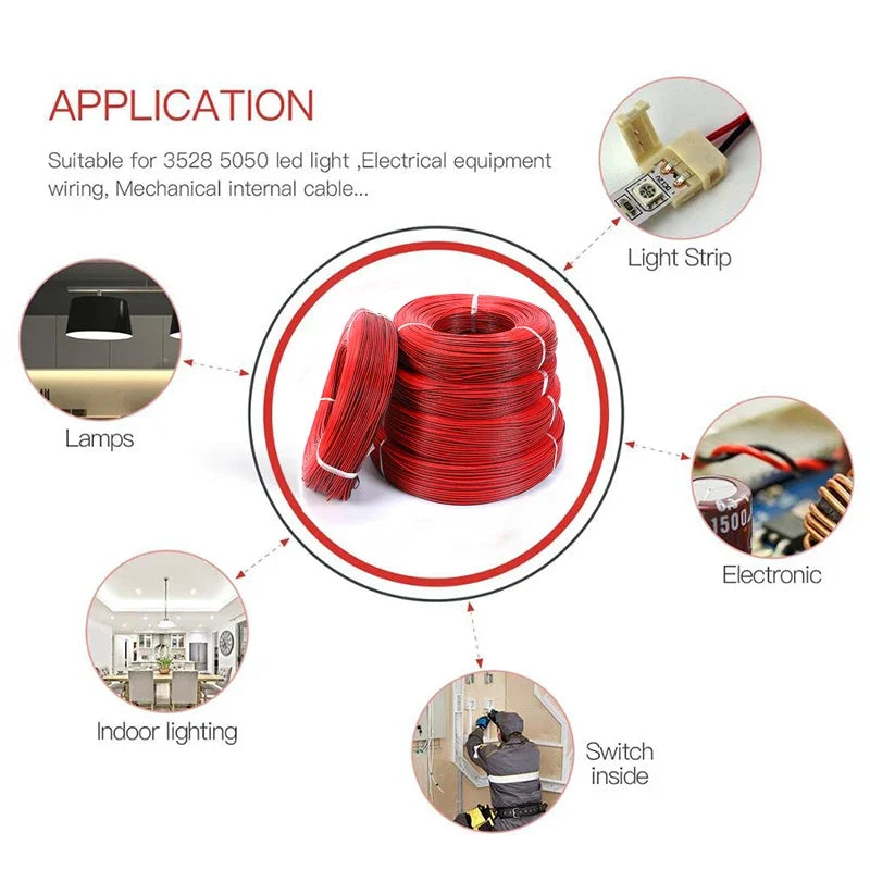 2 Pin Electrical Wire – Tinned Copper 18/20/22/24/26 AWG PVC Insulated Red & Black Cable for LED Strip Extension