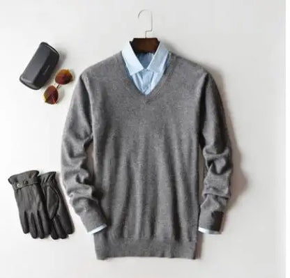 Men’s Classic V-Neck Pullover Sweater – 2024 Autumn Winter Cashmere-Cotton Blend Warm Jumper