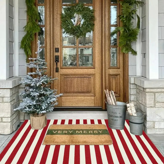 Christmas Red & White Stripe Outdoor Rug — Layered Welcome Doormat for Front Porch & Farmhouse Holiday Decor