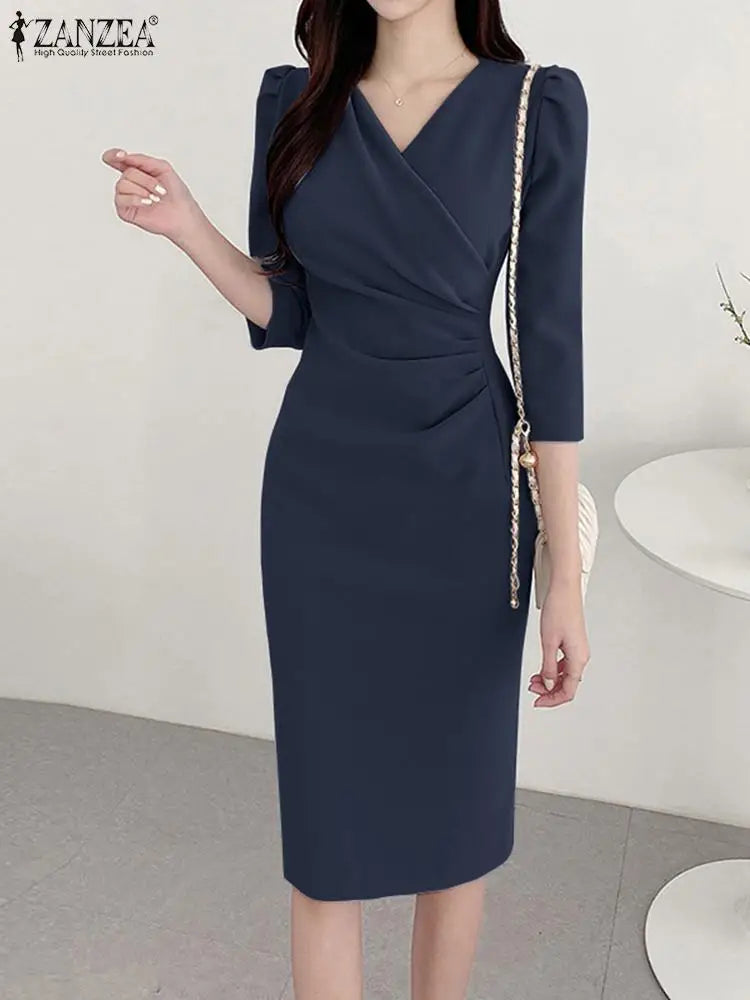 Women’s V-Neck Bodycon Dress - Ruched Waist Knee-Length Elegant Party & Office Wear