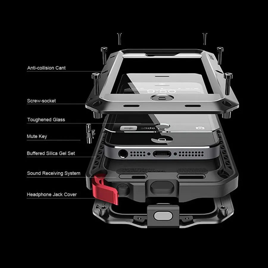 Heavy Duty Tank Metal Case – Shockproof Armor Cover with Gorilla Glass for iPhone 17, 16e, 16, 15, 14, 13, 12, 11 Pro Max, XR, X, 8 Plus