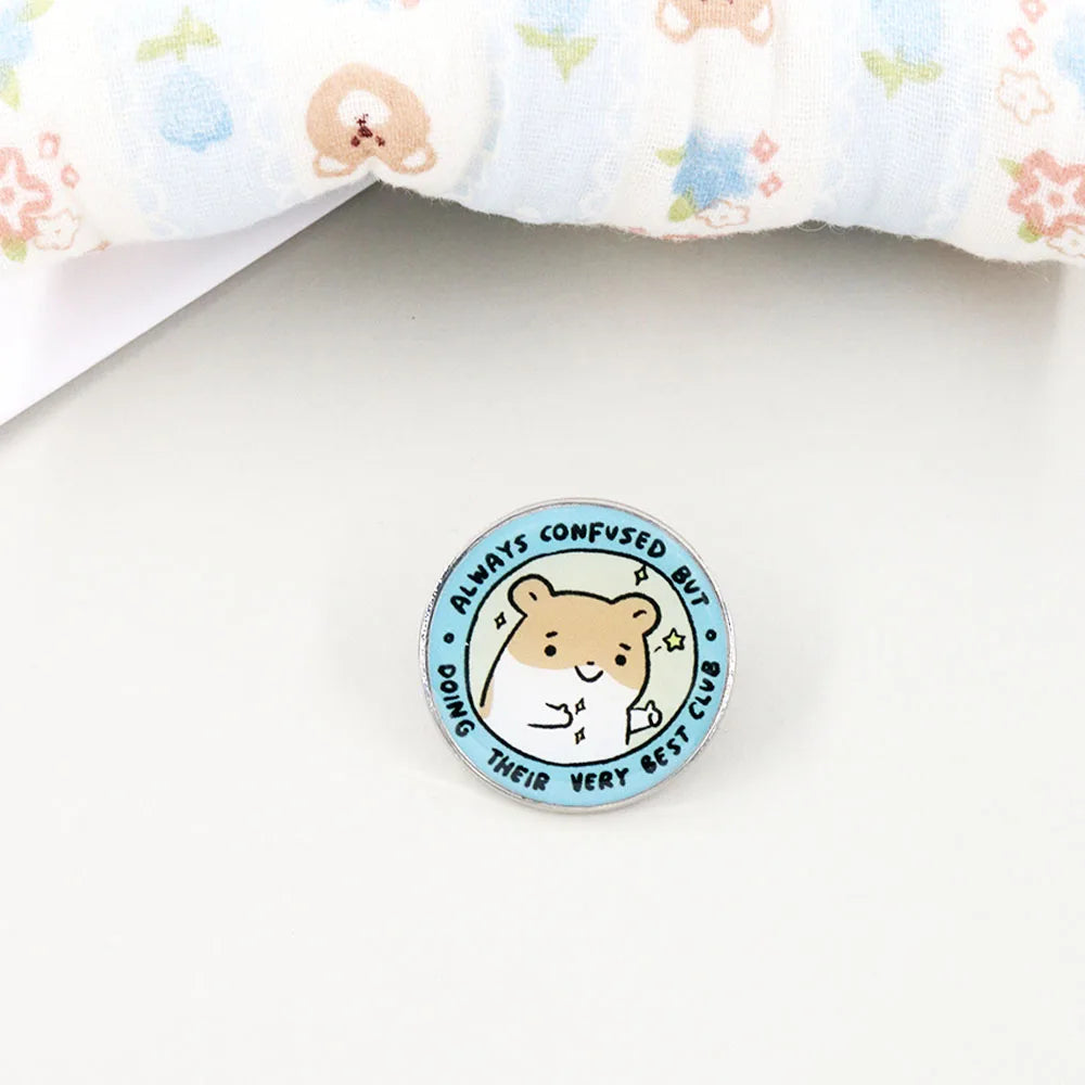 Funny Kawaii Hamster Lapel Pin – “Always Confused But Doing My Best” Cute Gift Decoration