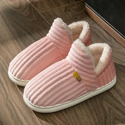 Winter Couple Striped Plush Slippers – Soft Non-Slip Warm Cotton Home Shoes for Men & Women