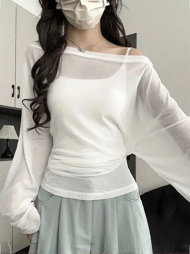 Women's Oversize See-Through Long Sleeve T-Shirt – Sexy Off-Shoulder Back Bandage Korean Chic Top