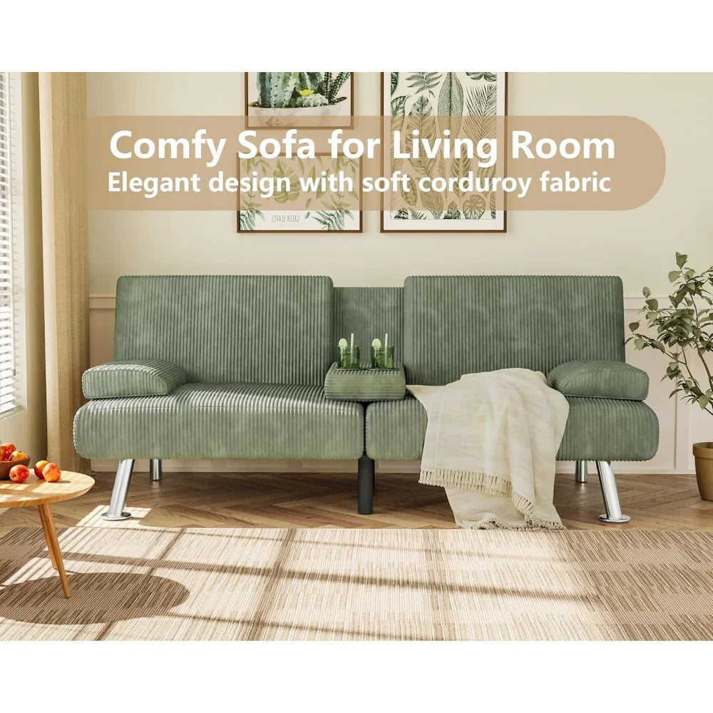 Modern Corduroy Futon Sofa Bed with Cup Holders & Removable Armrests – Folding Recliner Lounge, Green