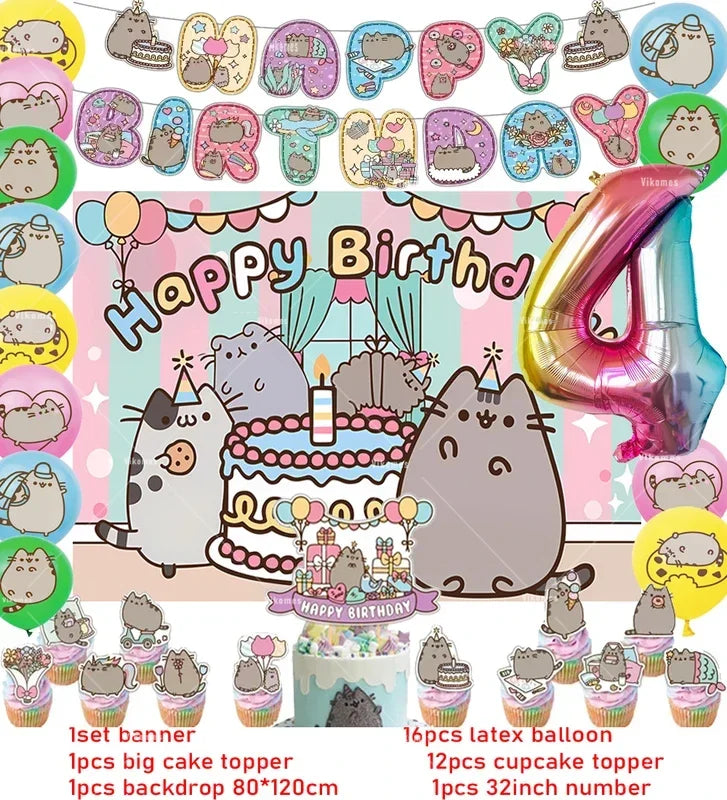 Pusheen Cat Birthday Party Decorations - Cartoon Pet Theme Balloons, Banner, Backdrop, Cake Topper, and Baby Shower Stickers