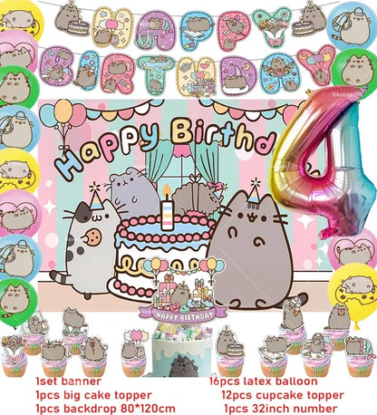 Pusheen Cat Birthday Party Decorations - Cartoon Pet Theme Balloons, Banner, Backdrop, Cake Topper, and Baby Shower Stickers