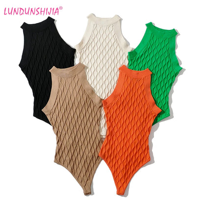 LUNDUNSHIJIA 2022 Spring Women’s Sleeveless Knitted Bodysuit – 3D Hollow Out Jumpsuit Top, 5 Fashion Colors
