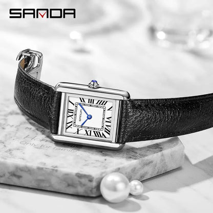 SANDA Couple Watch – 30M Waterproof, Casual Fashion, Quartz with Wear-Resistant Leather Strap, Square Dial Design