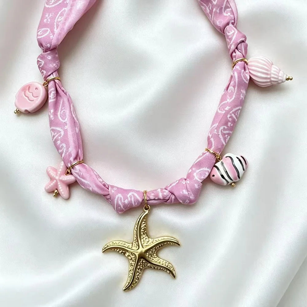 Bohemian Fabric Scarf Necklace - Sea Life, Heart & Floral Charm Pendant Vacation Jewelry Gift for Women