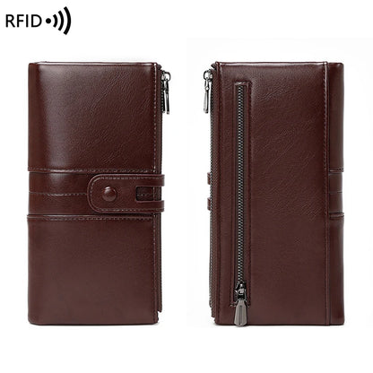 RFID Blocking Large Capacity Wallet – Soft Leather Solid Color Clutch, Multi-Functional Zipper Purse for Women & Men