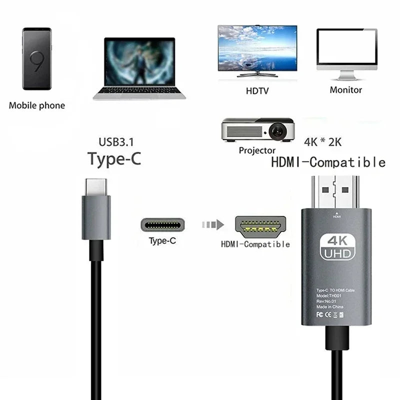 4K 60Hz USB-C to HDMI Cable – Type C Adapter for iPhone 15, MacBook Air, iPad, Samsung, Laptop, TV Converter