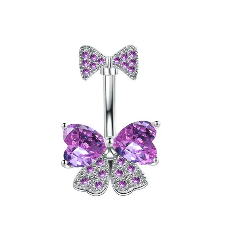 Pink Crown Belly Button Ring – Stainless Steel Heart Navel Piercing Barbell with Crystal for Women & Girls