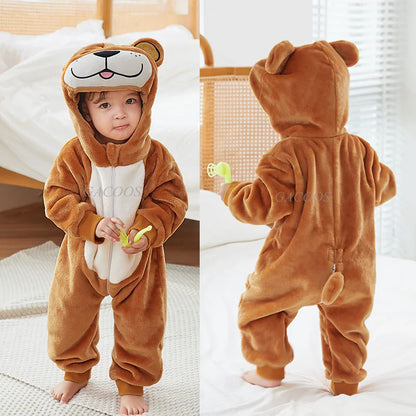 Cartoon Flannel Baby Romper – Unicorn, Rabbit & Dinosaur Pajamas, Cotton Kigurumi Jumpsuit for Boys & Girls