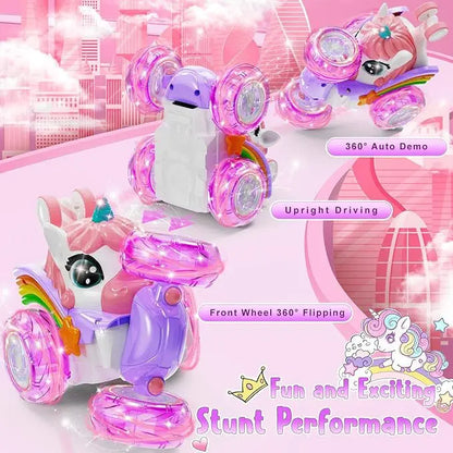 Remote Control Unicorn Car for Girls – 360° Rotating 4WD Stunt RC Toy with LED Lights, 2.4GHz Kids Gift
