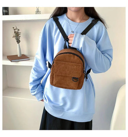 Women's Mini Backpack - Fashionable Solid Color Corduroy Casual Schoolbag with Large Capacity