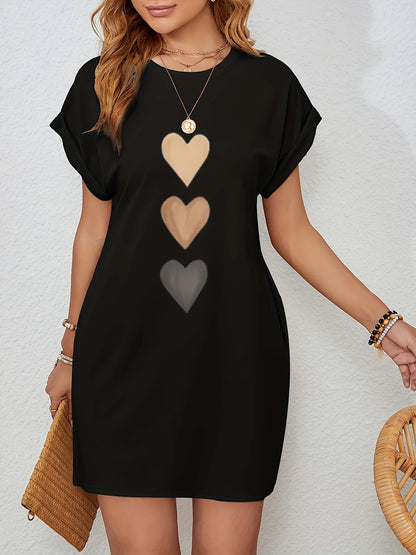 Women’s Heart Print Knit T-Shirt Dress - Casual Short Sleeve Crew Neck Top with Colorful Flag Design
