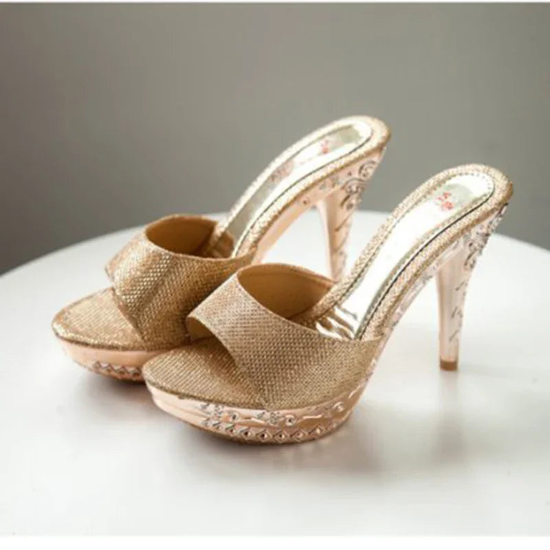 Women’s Summer Rhinestone High Heel Sandals – Sexy Gold & Silver Heeled Shoes