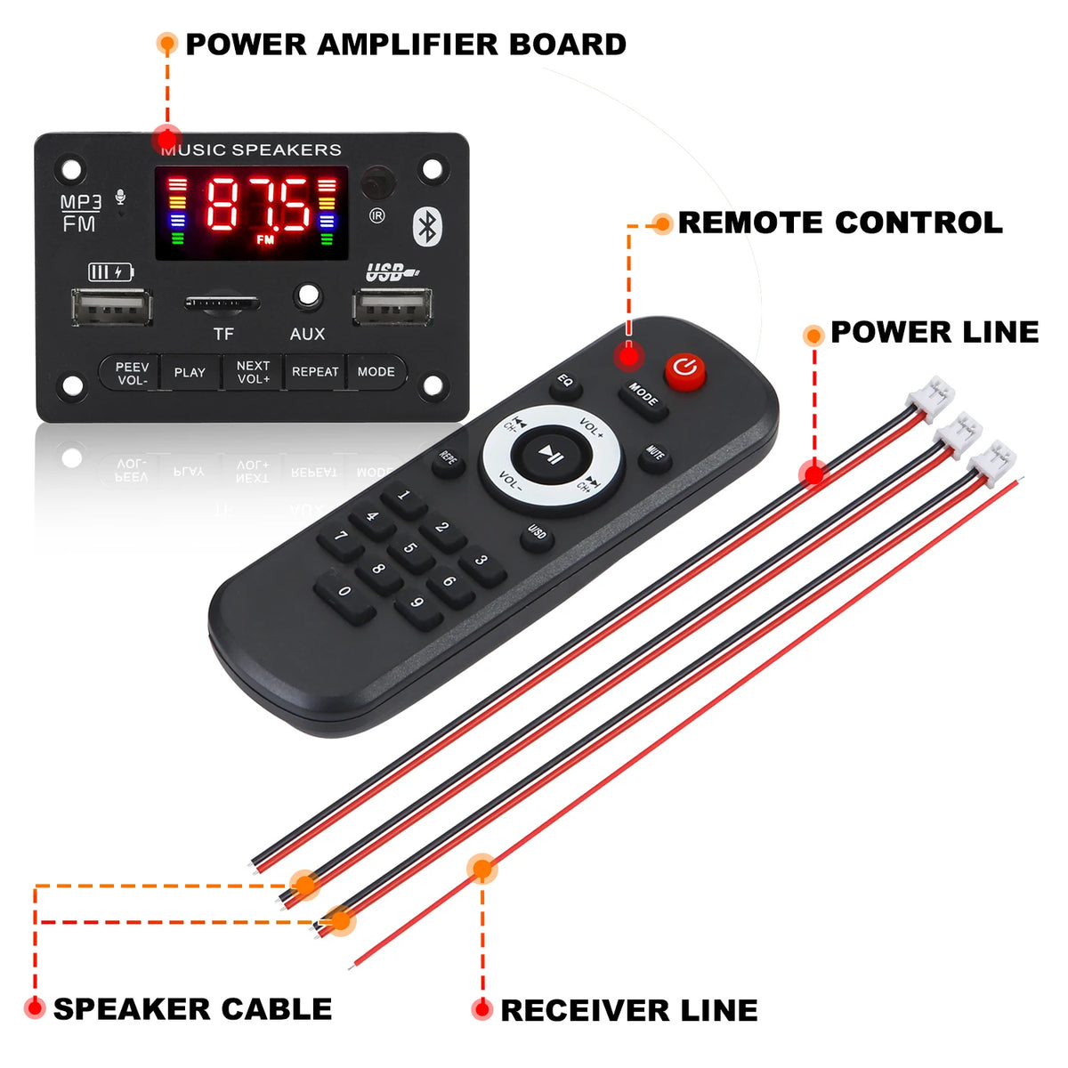 Bluetooth 5.0 MP3 Decoder Board - 80W Dual-Channel Amplifier Module with USB, TF Card, FM Radio, and 12V Support