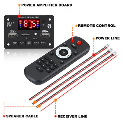 Bluetooth 5.0 MP3 Decoder Board - 80W Dual-Channel Amplifier Module with USB, TF Card, FM Radio, and 12V Support