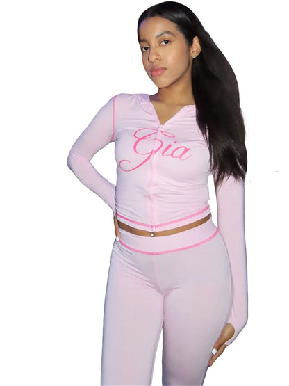 Women’s Letter Print 2-Piece Tracksuit Set - Hooded Zip-Up Coat & Jogger Pants for Autumn and Winter