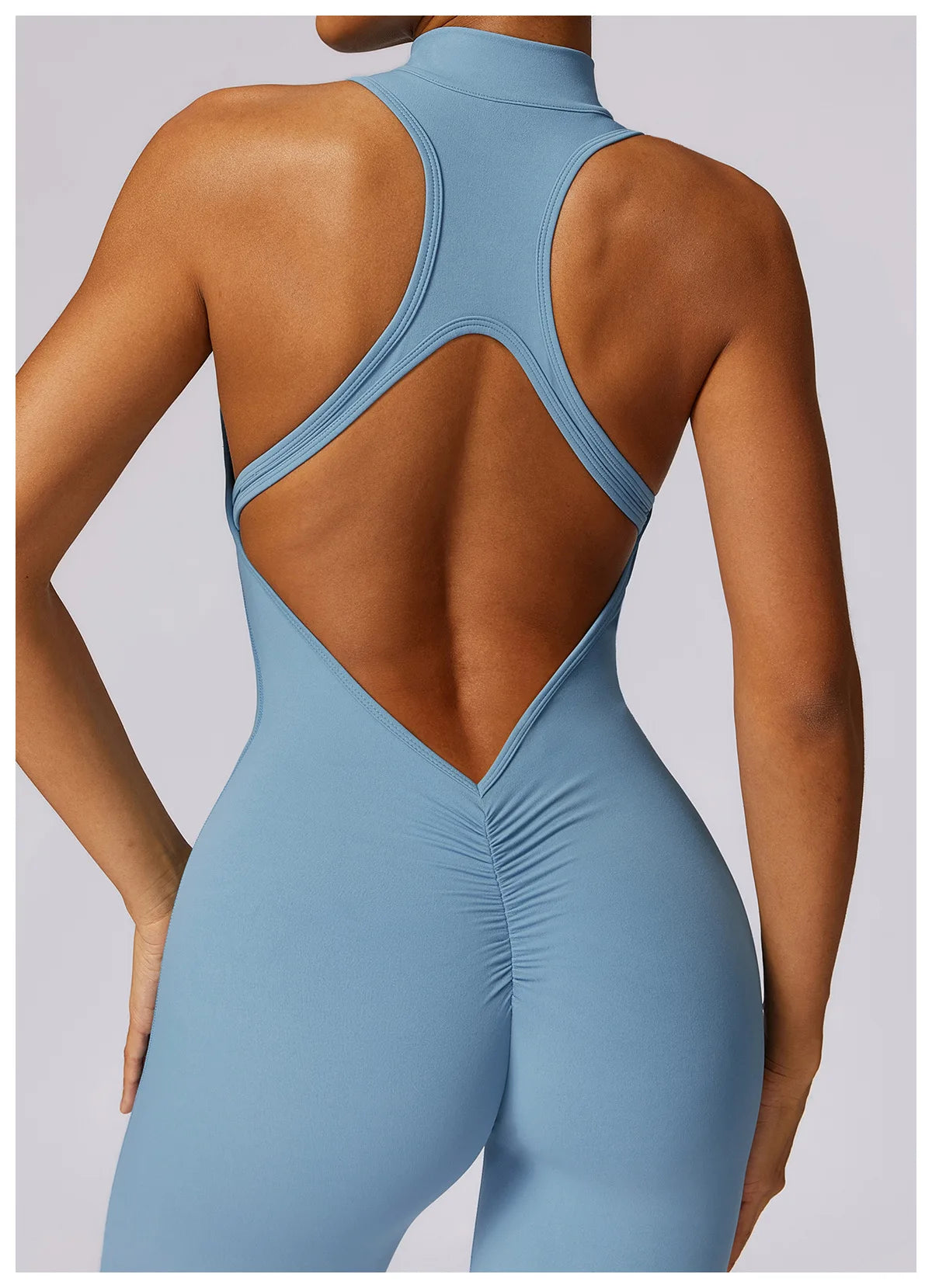 Women’s V-Back One-Piece Sports Jumpsuit — Sleeveless Yoga Romper with Zipper Workout Bodysuit