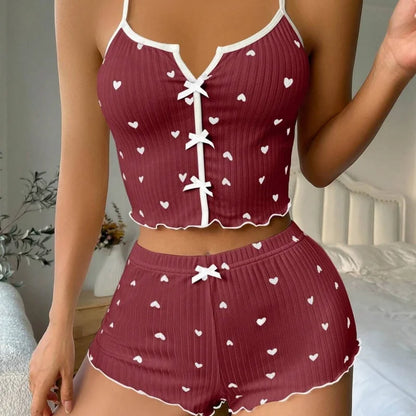Sexy Silk Heart Print Pajama Set for Women – Sleeveless V-Neck Cami Top & Shorts Loungewear