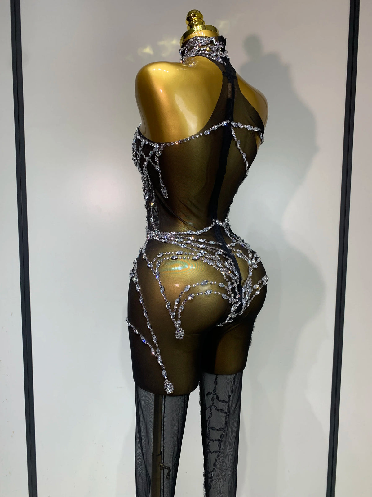 Sparkly Diamond Mesh Jumpsuit for Women - Sexy Rhinestone Nightclub, Stage Performance, Go-Go Dancer, and Drag Queen Costume