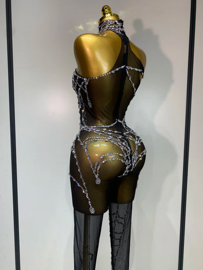 Sparkly Diamond Mesh Jumpsuit for Women - Sexy Rhinestone Nightclub, Stage Performance, Go-Go Dancer, and Drag Queen Costume