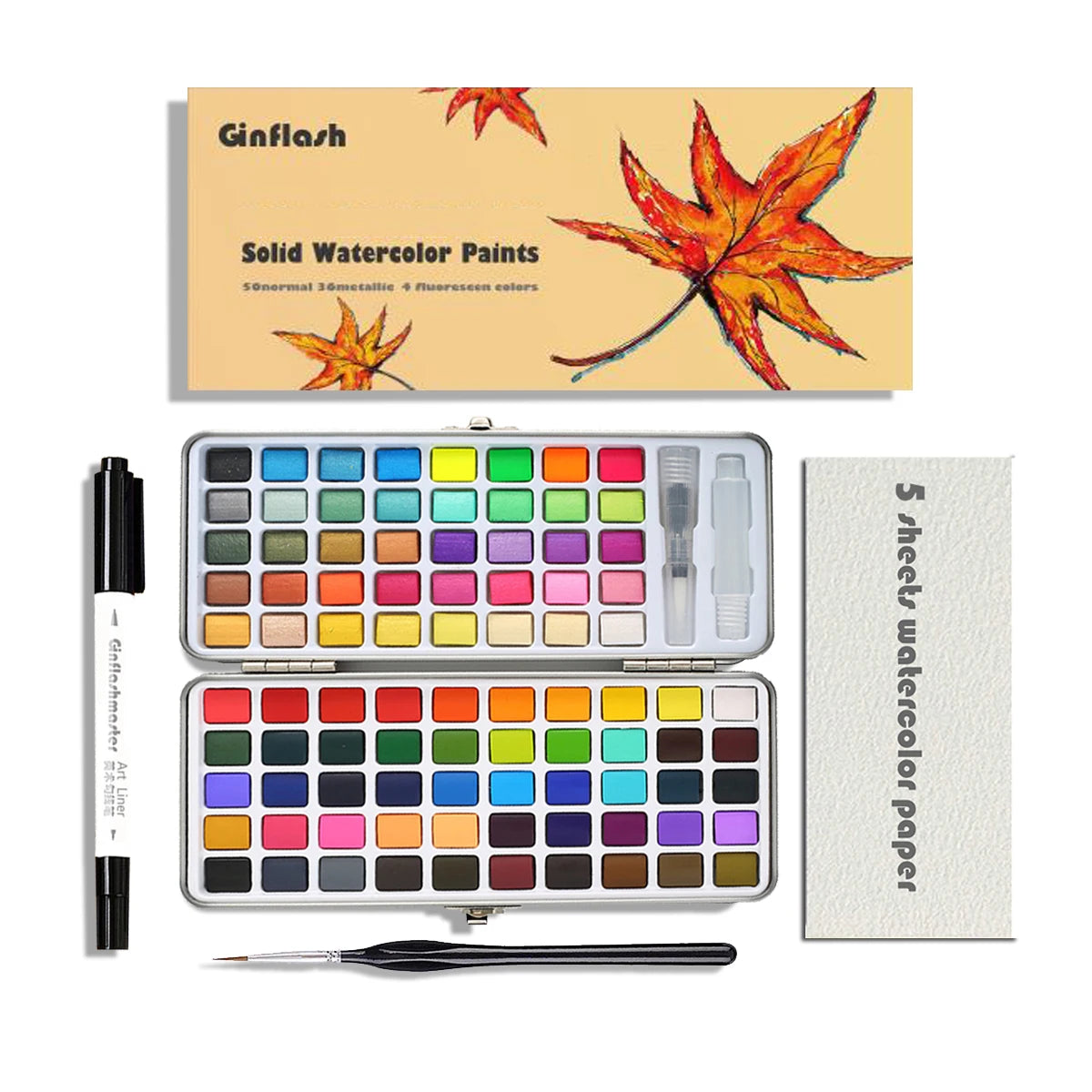 50/90 Color Solid Watercolor Paint Set – Glitter Pigments with Portable Metal Box & Squirrel Hair Brush for Nail Art