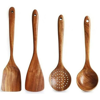 Wood Kitchenware Cooking Set – Spatula, Salad Spoon, Fork & Stirring Spoons with Storage Bucket for Kitchen & Baking