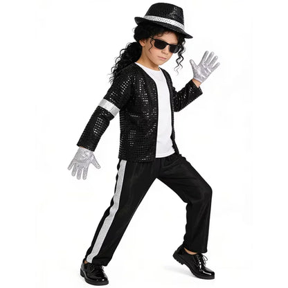 Michael Jackson Kids Costume - Pop Star Halloween Cosplay Dance Performance Outfit for Boys & Girls