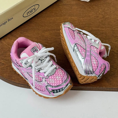 Kids Breathable Mesh Sneakers - Casual Metallic Rubber Walking & Sports Shoes for Boys & Girls